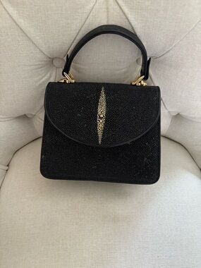Black Stingray Skin Top Handle Bag with Gold Accent